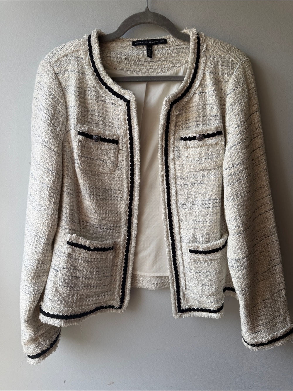 White House Black Market Cream Tweed Jacket with Black Trim size XLP